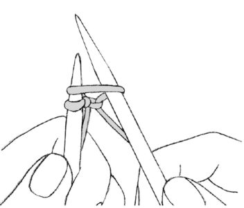 black and white illustration of a person holding two knitting needles with a cast on…